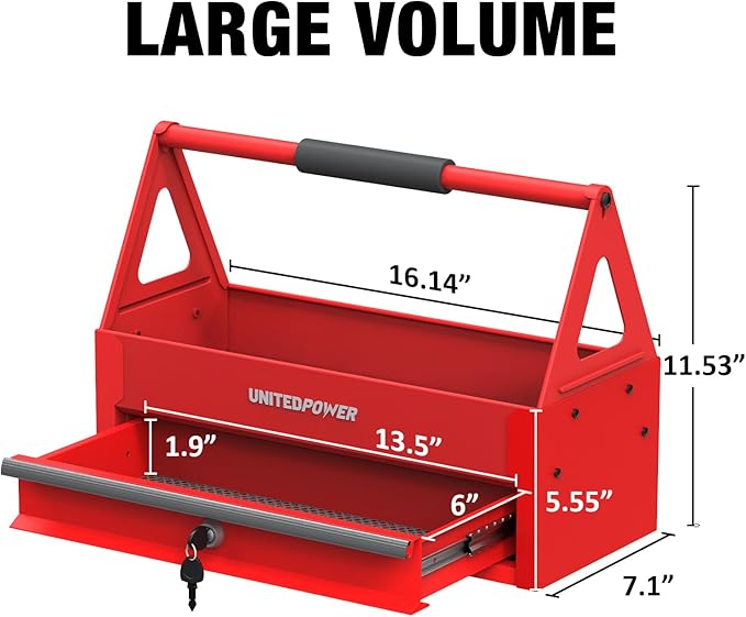 UNITEDPOWER Handy Tool Box With 1 Drawer，Portable Metal Tote Tray with comfortable grip handle, Tool Organization for Household, Warehouse, Repair Shop, Red