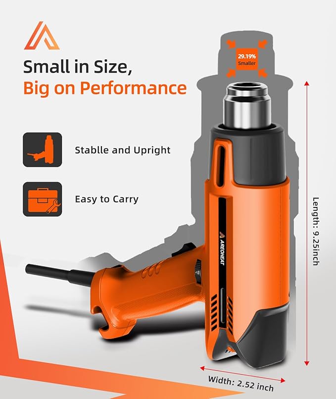 Heat Gun with 6 Precise Temperature Settings 100-600°C (212-1112°F) Fast Heating Hot Air Gun with 2 Settings Control, Speed-Up Cooling, Compact & Lightweight Design