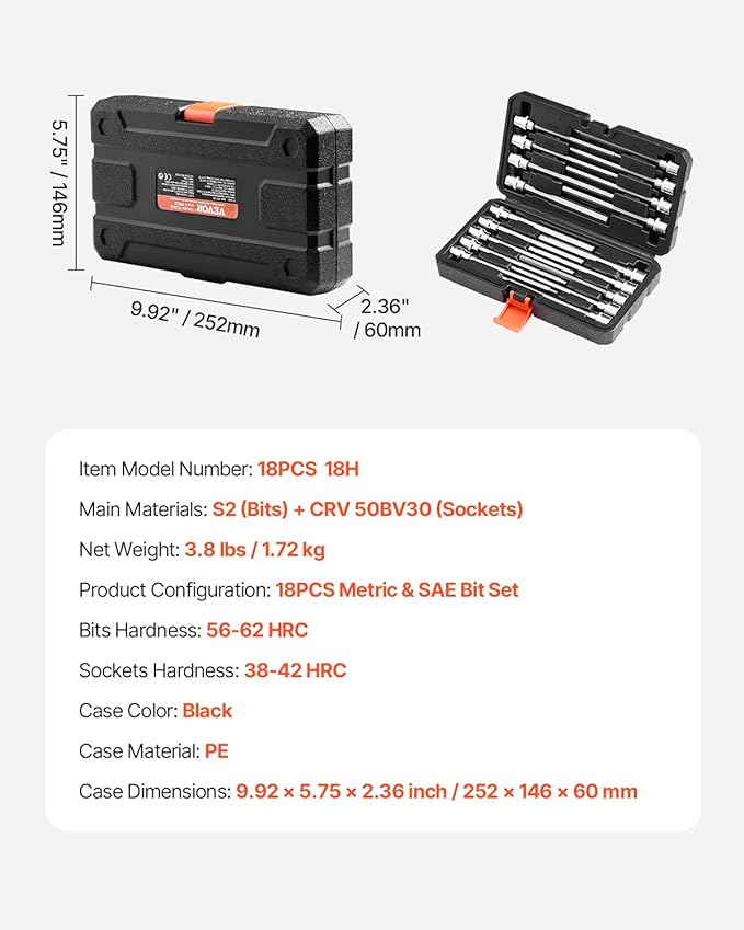 VEVOR Extra Long Allen Hex Bit Socket Set, 18-Piece 3/8 inch Drive, S2 Alloy Steel and Cr-V Steel, Standard SAE and Metric 1/8-Inch-3/8-Inch, 3-12mm, with Enhanced Storage Case, for Mechanics