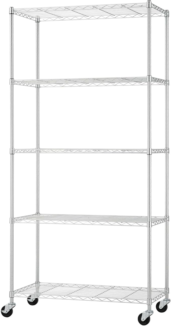 5-Tier Adjustable Wire Shelving with Wheels, Wire Shelf Rack for Kitchen Organization, Garage Storage, 400 to 2000 Pound Capacity, NSF Certified, 36” x 18” x 72”, EcoStorage Chrome