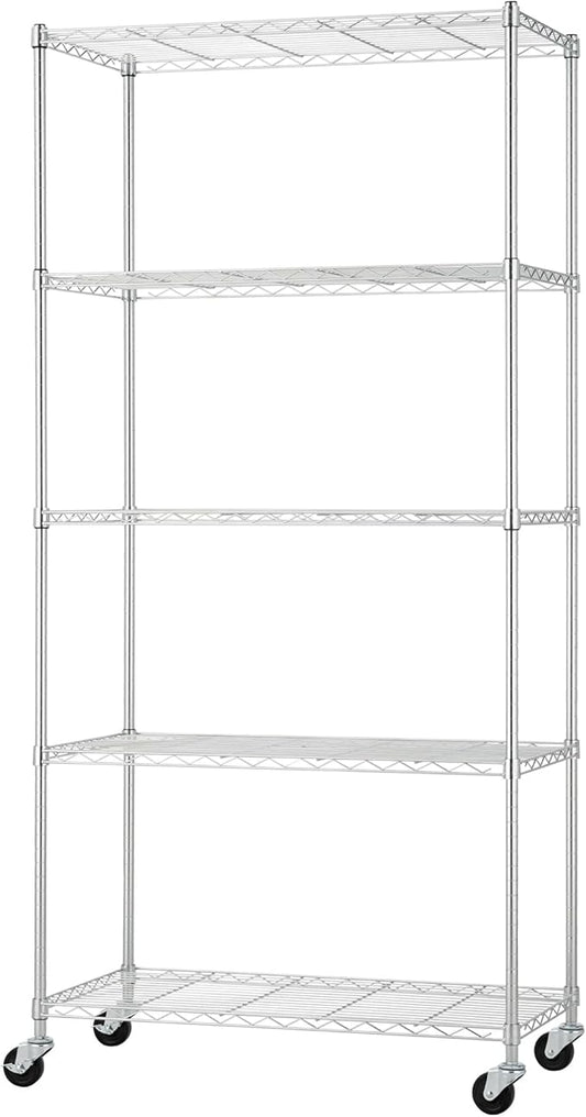 5-Tier Adjustable Wire Shelving with Wheels, Wire Shelf Rack for Kitchen Organization, Garage Storage, 400 to 2000 Pound Capacity, NSF Certified, 36” x 18” x 72”, EcoStorage Chrome