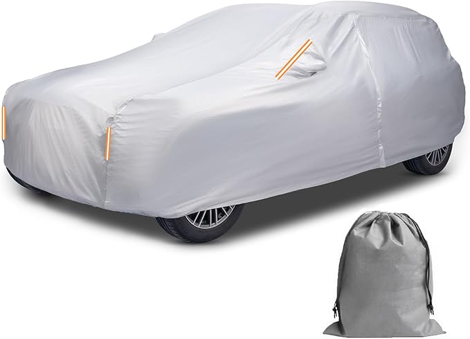 Caromop 10-Layer Waterproof Car Cover All Weather Protection (Snow, Rain, Sun) with Secure Fit Straps and Easy On/Off Zipper-Size S0 (See Size-Chart)
