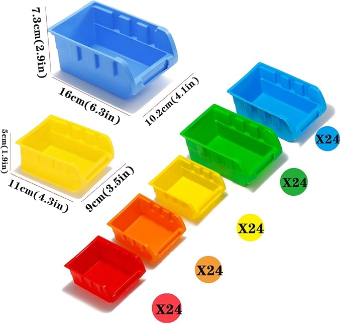 5 Colors Wall Mounted Storage Bins kit, Tool Organizer Bins Parts Rack, 30-Bin Organizer Shop Storage Rack 4 Set