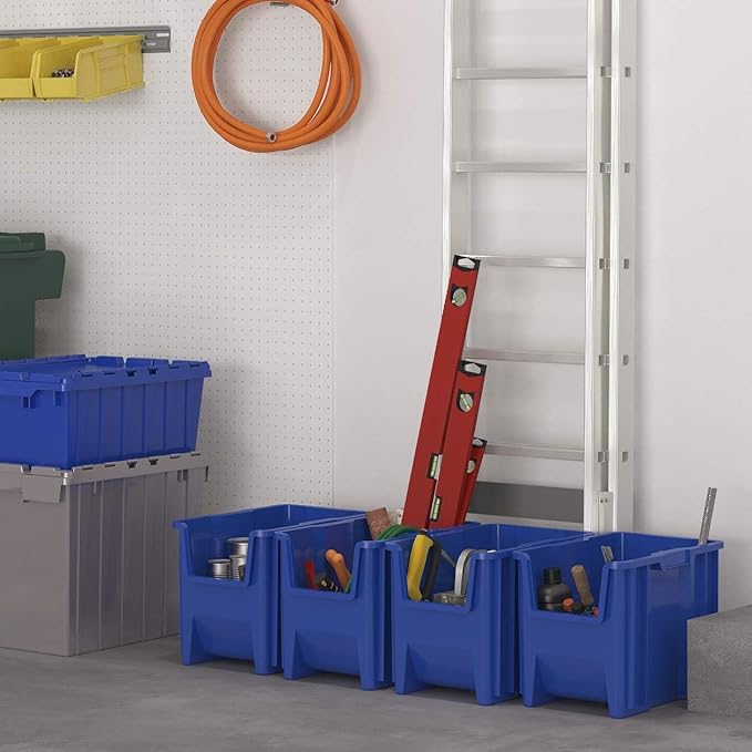 Akro-Mils 13014 Stak-N-Store Heavy Duty Stackable Open Front Plastic Storage Container Bin, (17-1/2" x 11" x 12-1/2"), Blue, (4-Pack)