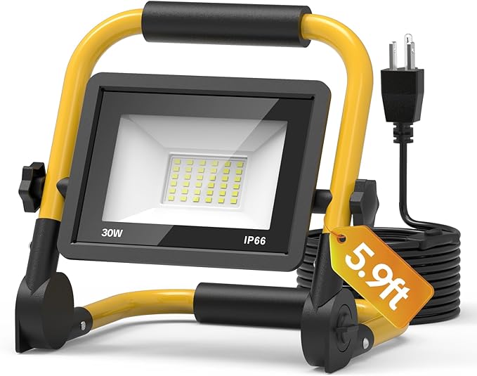 AIKVSXER 3600LM Led Work Light, 30W 6000K Portable Flood Light with 5.9FT Cord & Switch, IP66 Waterproof Worklight for Indoor Outdoor Job Site Repairing Garage Workshop, Gifts for Man, 1 Pack