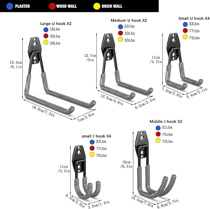 3-H Garage Wall Hooks 14 Pack,Garage Hooks Heavy Duty,Garage Storage Hooks for Hanging and Organizing Garden,Lawn,Yard Tools,Chairs,Ladders,Weed Eater,Shovel,Blower(Gray)