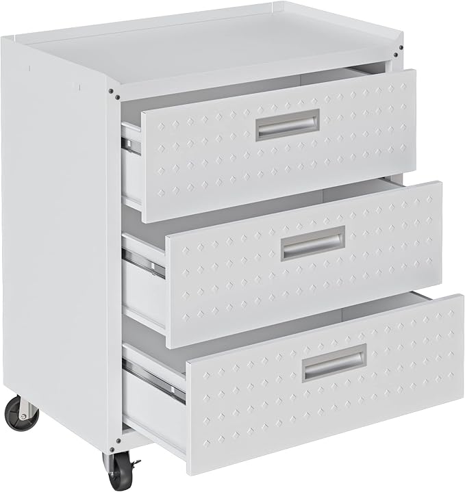 Manhattan Comfort Fortress 31.5-Inch Rolling Garage Tool Chest, 3-Drawer Lockable Mobile Storage Cabinet, Diamond-Textured Steel Utility Organizer with Wheels for Basement, Workshop in White