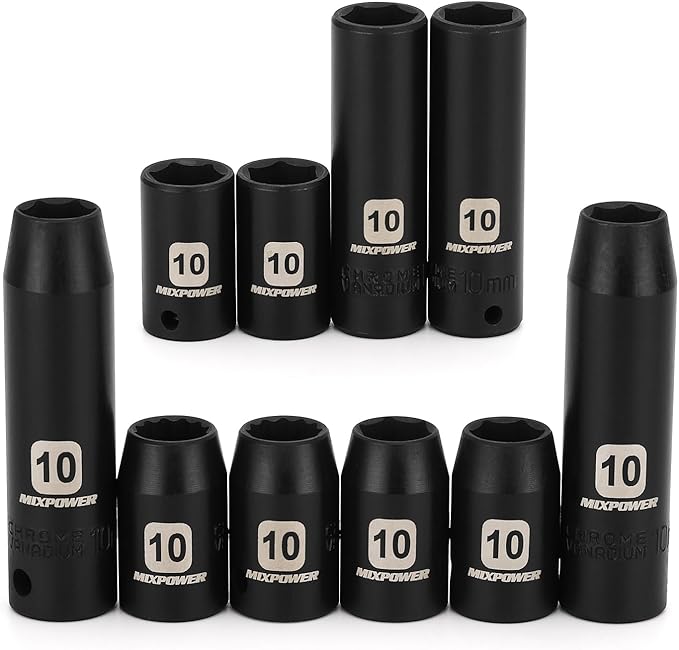 MIXPOWER 10PCS 1/4" & 3/8" Drive 10mm Deep&Shallow Socket, 6 Point & 12 Point, CR-V, Metric, Black Phosphate Finish…