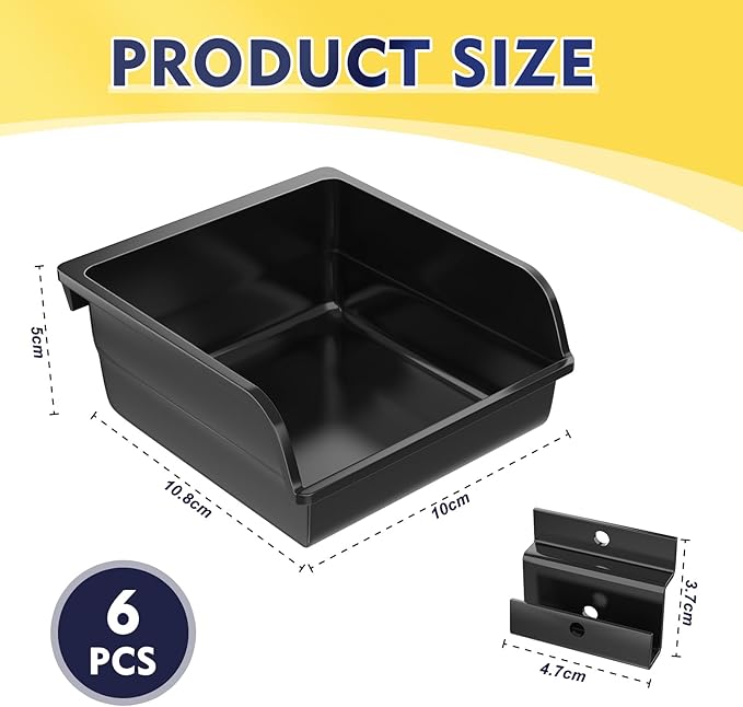 6 Pack Slatwall Bins with Hooks Plastic Slatwall Organizer Slatwall Containers Workbench Bins for Slat Wall Organizing Hardware, Garage, Craft Room, Tool Shed, Hobby Supplies (6, Black)