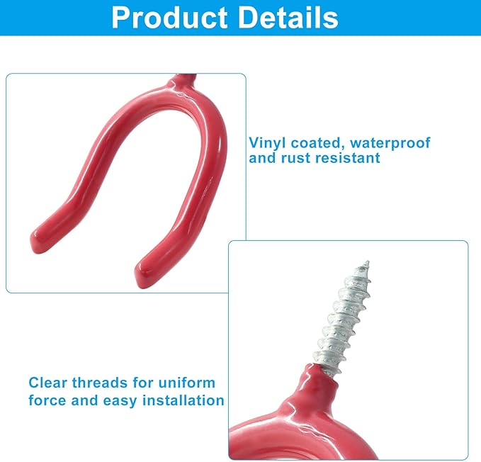 12 Pack Screw in U Hooks, Red U Shaped Shovel Holder Wall Mount, U Hook Screw for Hanging Garage, Garden, Yard Tools