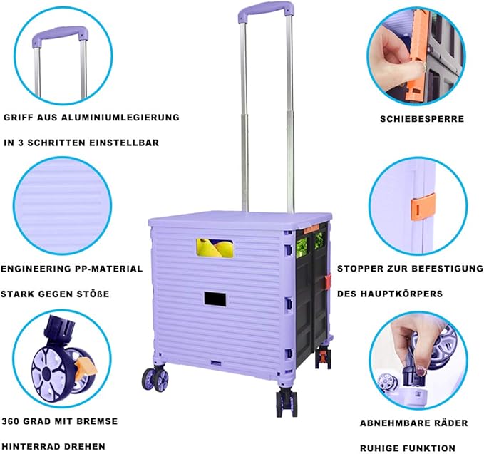 Foldable Utility Cart Folding Portable Rolling Crate Handcart Shopping Trolley Wheel Box with Lid Wear-Resistant Noiseless 360°Rotate Wheel for Travel Shopping Moving Storage Office Use (Purple)