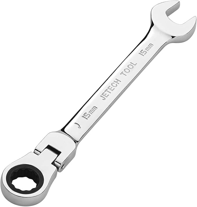 Jetech 15mm Flexible Ratcheting Wrench, Industrial Grade Cr-V Steel, 12 Point, Off Corner Design, 72 Tooth Ratchet, 180 Degree Flexible Box End
