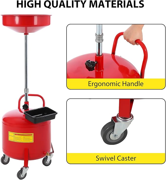 20 Gallon Oil Drain Tank, Fluid Fuel Transfer Tank, Portable Oil Drain Container, Air Operated Drainer with Wheels and a Toolbox, Adjustable Funnel Height (8 Gallon-Red)