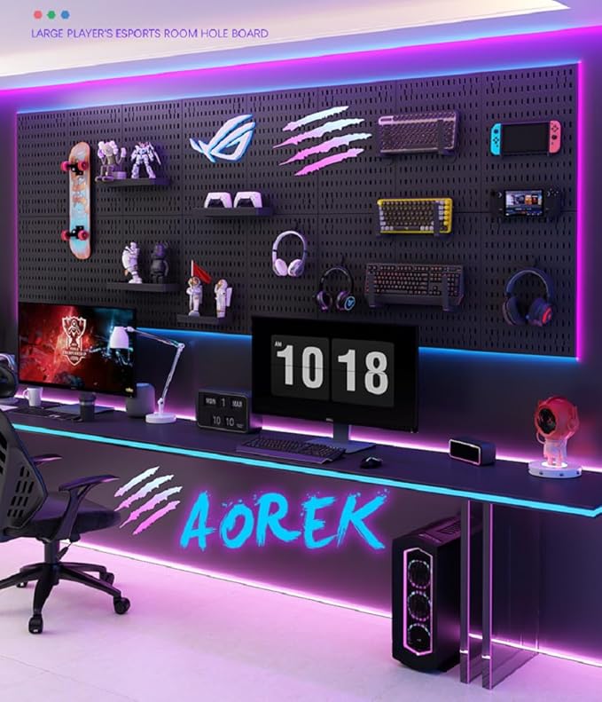 Peg Board with RGB+IC LED Strip Lights,2PCS Metal Pegboard Panels,Heavy Duty Pegboard Gaming Room Wall Organizer with Hooks,DIY RGB Gaming Setup Organizer Peg Board Wall Mounted 12 * 24”