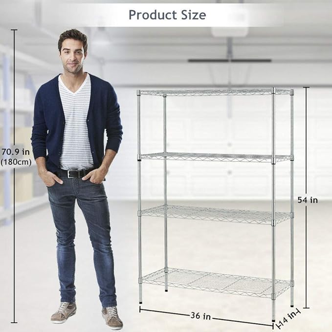 BestOffice 4-Storage Shelves Metal Garage Shelving Wire Shelf Organizer Shelving, 36" x 14" x 54", Unit 250 lbs Per Shelf, Chrome | Sturdy, Adjustable, Easy Assembly | Garage Pantry Kitchen Closet