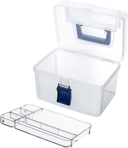 MyGift 10 Inch First Aid Clear Bin with Detachable Tray and Blue Quick Access Top Lid Flap, Portable Emergency Kit, Medical Supply Travel Tote, Medicine Storage Box Container (Navy)
