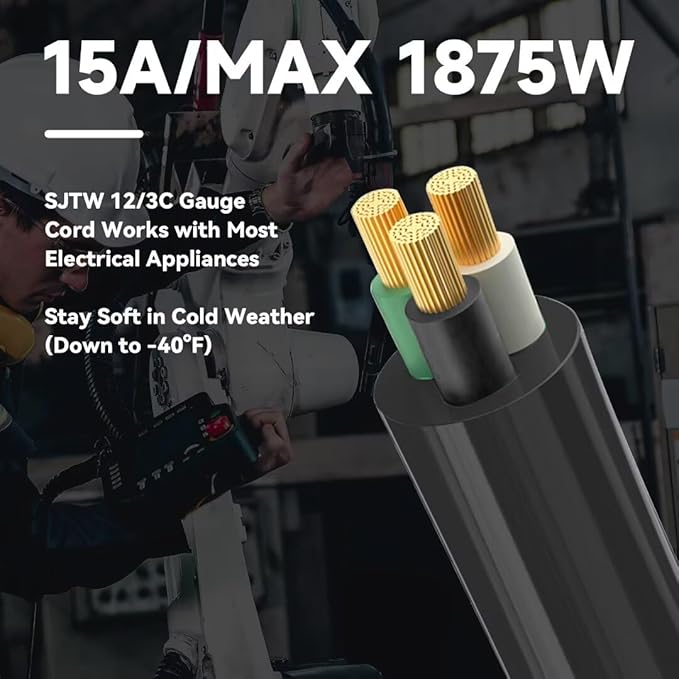 Indoor Outdoor Extension Cord, 12 Gauge 3 Prong Weatherproof Heavy Duty Black Extension Cords, 12/3 SJTW 15A 25 FT Extension Cable for Garage, Garden and Home, UL Listed