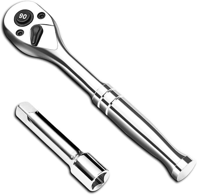 1/4-Inch Drive Ratchet Wrench, 90-Tooth Quick-release Reversible Ratchet Wrench with an Extension Bar(2 inch), 5" Long Socket wrench, 4-Degree Swing, Full Polished,Cr-Mo Head For Gifting,Repairing
