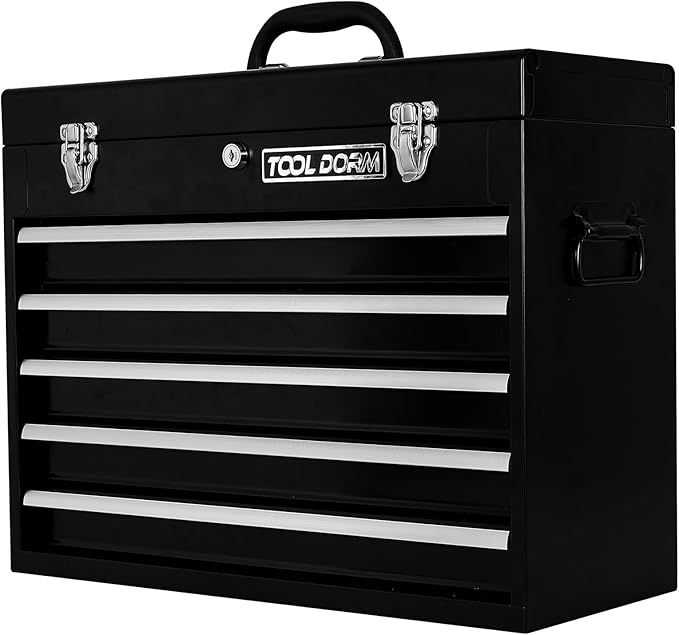 Metal Tool Box with 5 Drawers Portable Steel Tool Chest with Metal Cylinder Lock and Latch Closure, liner, Black and Red two color Powder coating, suitable for Garage, Warehouse and Outdoor Repair job