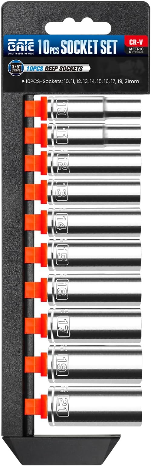 10PCS 3/8” Drive Deep Socket Set, Metric(10mm-21mm), 6-Point, Cr-V Steel, Chrome Plated Socket With Hanging Bracket, Cover Most Commonly Sizes