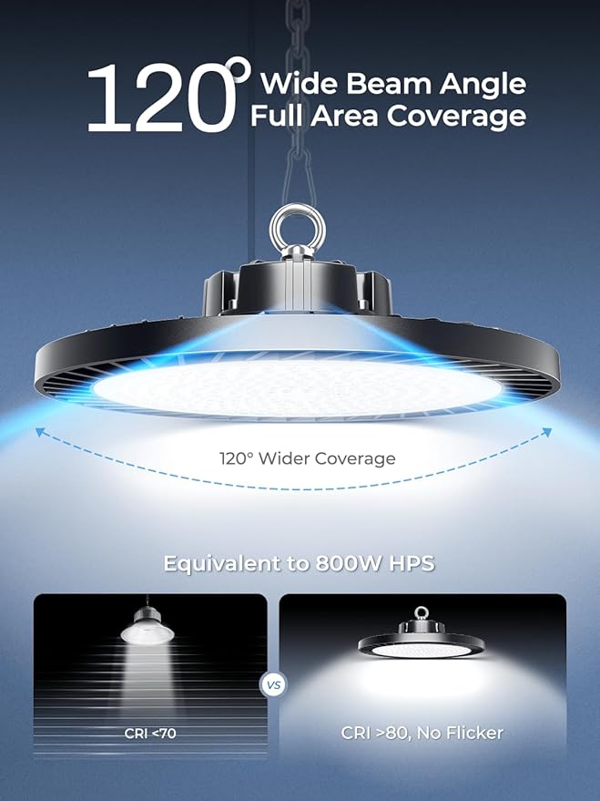 ELEKICO 300W UFO Led High Bay Light| 5000K 45000LM High Bay Led Shop Lights with 5ft Cable Hanging Hook Safe Rope| Shop Light & Garage Lighting Lights for Factory Workshop Warehouse Garage Barn