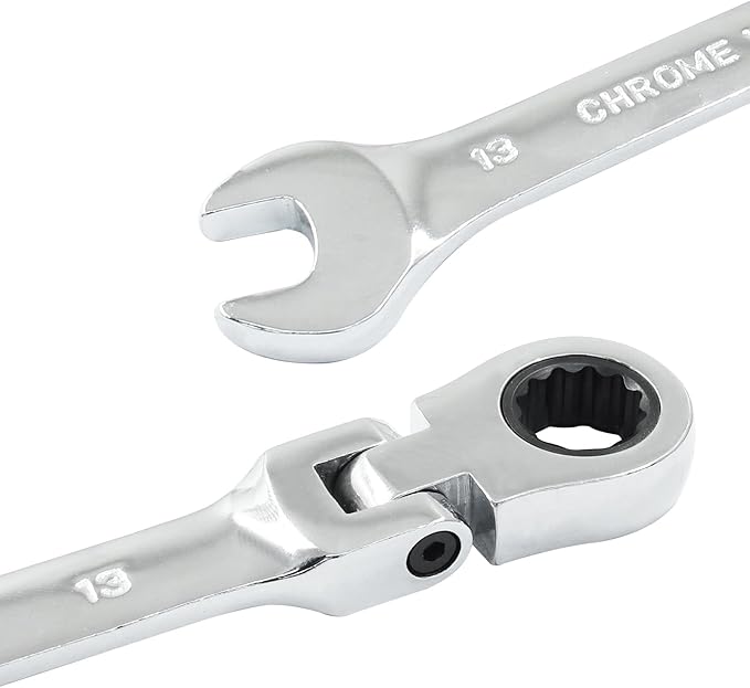 13mm Flex Head Ratchet Wrench, 12 Point Chrome Vanadium Steel Combination Spanner with 72 Tooth Ratcheting Gear, Metric Industrial Grade Tool for Automotive and Mechanical Maintenance