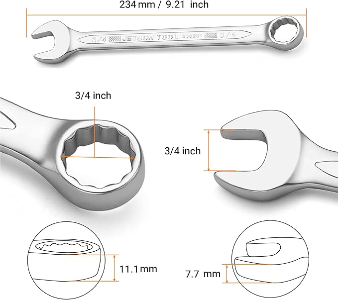 Jetech 3/4 Inch Combination Wrench - Industrial Grade Spanner with 12-Point Design, 15-Degree Offset, Made with Durable Chrome Vanadium Steel in Sand Blasted Finish, Forged, Heat-Treated, SAE