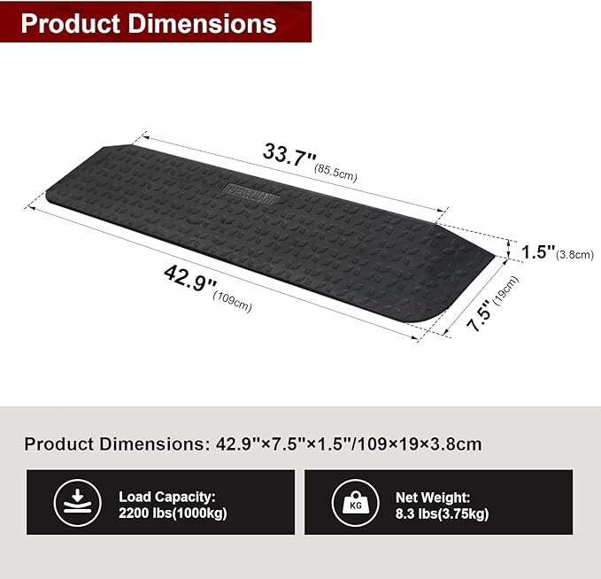 Ruedamann 1-1/2" Rise Rubber Threshold Ramp, 42.9" Wide Wheelchair Ramp, 2200 Lbs Capacity, Entry Ramp, Curb Ramps with Non-Slip Surface, Door Ramps for Wheelchairs, Scooter, Power Chairs, Driveways