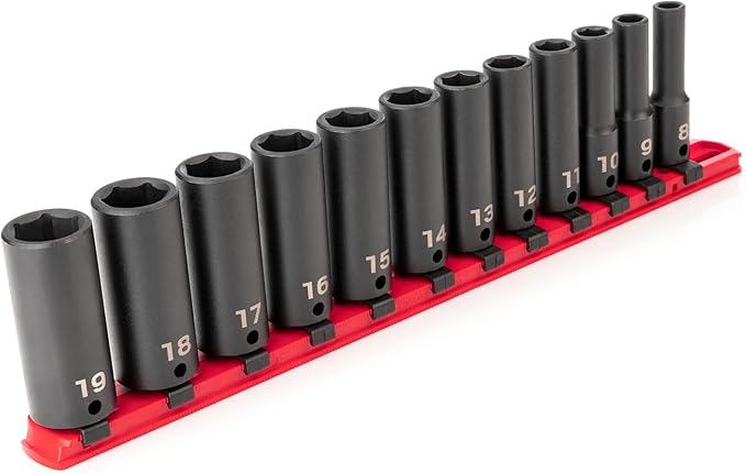 TEKTON 3/8 Inch Drive Deep 6-Point Impact Socket Set with Rail, 12-Piece (8-19 mm) | SID91103
