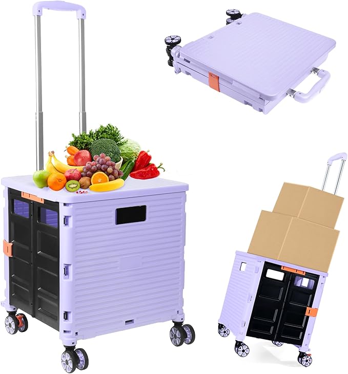 Foldable Utility Cart Folding Portable Rolling Crate Handcart Shopping Trolley Wheel Box with Lid Wear-Resistant Noiseless 360°Rotate Wheel for Travel Shopping Moving Storage Office Use (Purple)