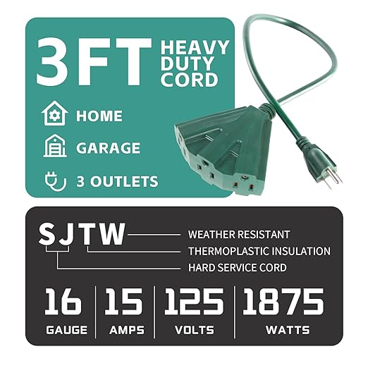 MaxWorks 80697 Heavy Duty 3-Ft Extension Cord, 16/3 SJTW, 3-Outlet, 125V/13A/1625W, ETL Approved, Indoor/Outdoor Use, Green – Converts 1 Outlet to 3