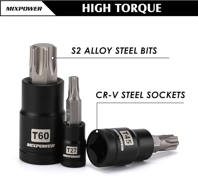 MIXPOWER 32PCS Torx Bit Socket Set, 14 Star Bits (T8-T70)& 13 E-Torx Sockets (E4-E24), CR-V & S2 Alloy Steel
