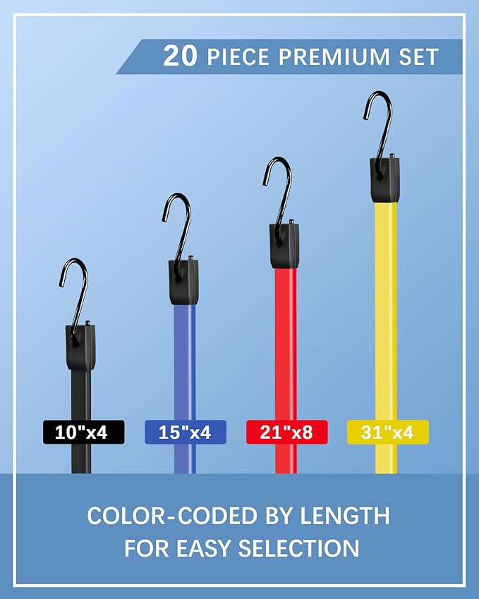 20 Pack Rubber Bungee Cords with Upgraded Hooks, 10 15 21 31 Inch Bungee Straps Heavy Duty Outdoor, Weatherproof Tarp Straps with 1.9X Max Stretch & 100% Rubber for Cargo, Van, Truck, Motorcycle, etc