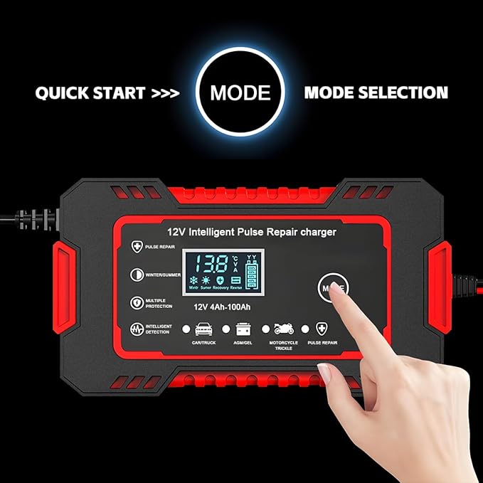 Mandark Car Battery Charger, 12V 6A Smart Fully Automotive Battery Trickle Charger, Portable Vehicle Battery Maintainer Desulfator with Temperature Compensation, Universal for SUV RV Truck (Red)