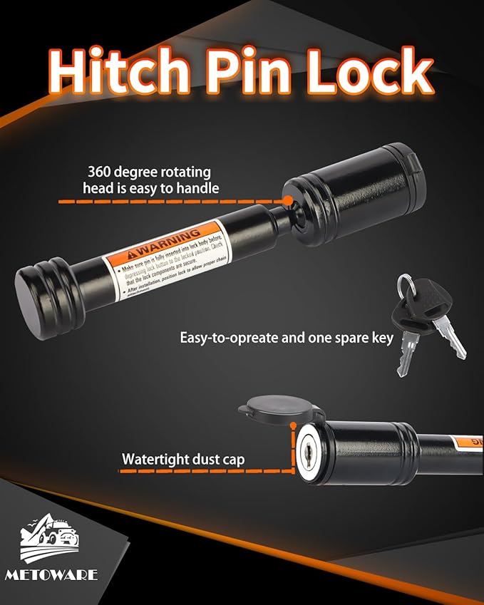 METOWARE Trailer Hitch Lock - 5/8" Dia Locking Hitch Pin, Anti-Theft Trailer Receiver Lock, Fits 2" Receiver Tubes, Class III & IV Hitch Receivers, Black (2 Pack)