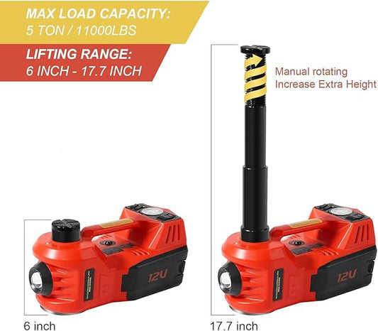 Electric Car Jack Kit 5 Ton 12V Floor Jack with Impact Wrench and Tire Inflator Pump Portable Hydraulic Car Jack for SUV Sedans Tire Change with LED Light, Lifting Height 6 to 17.7 Inch