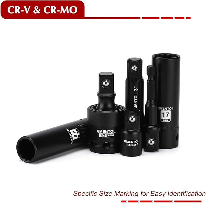 EMENTOL 32PCS 1/2" Drive Socket Set, Deep Impact Sockets, SAE(3/8"-1") and Metric(10-24mm), Including Extension Bars, Universal Joint, Drill&Socket Adapter, 12 Point Design, Cr-V Steel