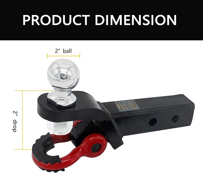 Trailer Hitch Ball Mount with Tow Shackle and 3/4" Hitch Pin Clip for Heavy Duty Trucks, SUVs, and Cars, Multifunctional 2 in 1 Hitch Mount Fits 2Inch Hitch Receiver