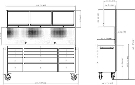 CT Copper Tailor 72-inch Tool Chest Cabinet Rolling Garage Workbench with 15 Storage Drawers and Wheels, 3 Upper Cabinet, Pegboard, Steel Large Tool Box,Matte Black