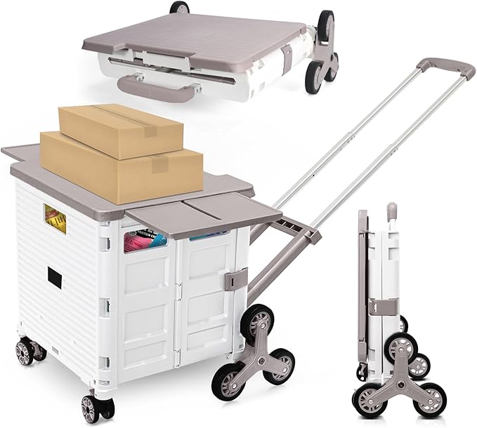 Foldable Utility Cart with Stair Climbing Wheels,Collapsible Rolling Crate with Magnetic Lid Telescopic Cover,Adjustable Telescoping Handle,360° Rotate Wheel Hand Cart for Teacher Shopping Moving