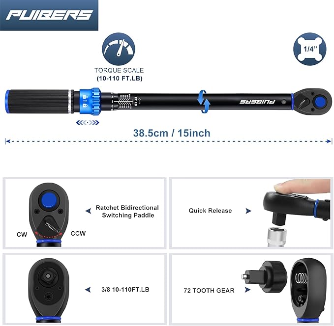 3/8 inch Drive Click Torque Wrench, Click Torque Wrench 3/8 Torquimetro 10-110 FT.LB/13.6-149.2 Nm, Dual-Direction Adjustable 72 Tooth for Bike Moto and Car Repair