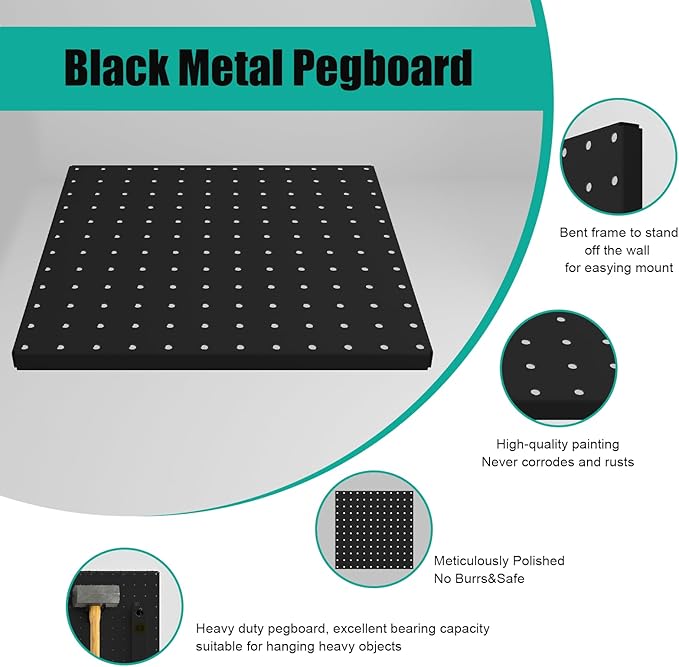 Peg Board, 4 Pack Metal Pegboard Panels Black Pegboards Wall Organizer with Bent Frame Large Heavy Duty Peg Board for Walls Home, Garage Tool Storage, Office Organization, Craft Room, Kitchen