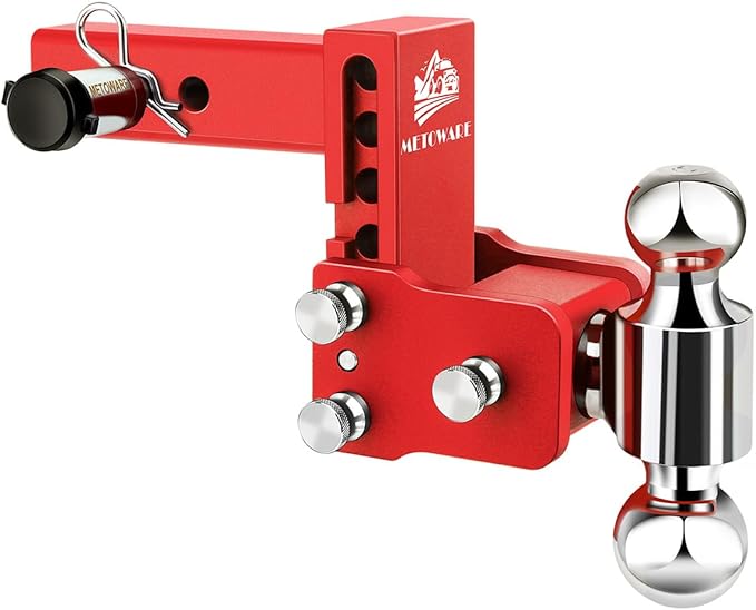 METOWARE Adjustable Trailer Hitches Fits 2 Inch Receiver, Adjustable Ball Mount with 4-Inch Drop/Rise (12,500 LBS GTW), Dual Ball (2'' x 2-5/16'') and Anti-Theft Stainless Steel Trailer Lock (Red)