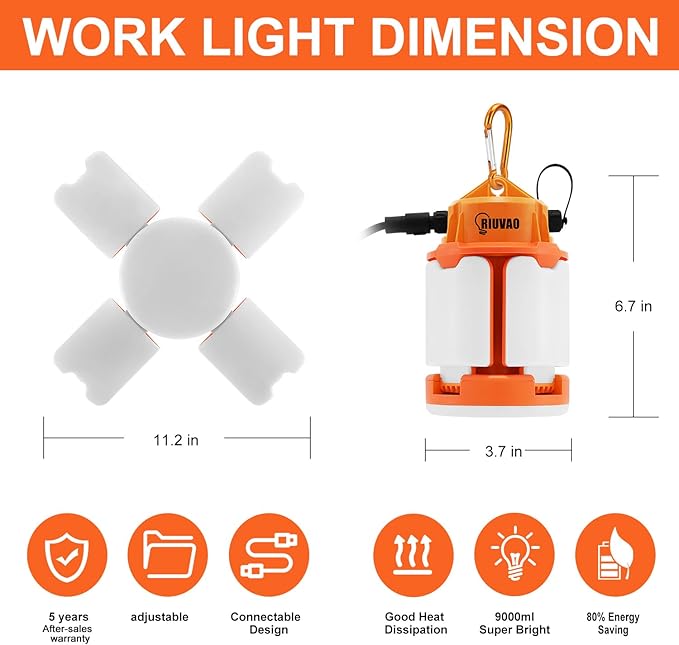 60w LED Temporary Work Light,9000Lm 5000K Super Bright Construction Lights 4 Adjustable Light Panels,Led Work Light IP67 Dust Waterproof with Hook Portable Linkable for Job Site Garage Lighting