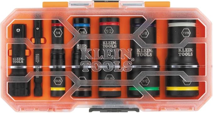 Klein Tools 65618 KNECT Flip-10 SAE Impact Socket Set, Deep Depth with 5 Color-Coded Flip Sockets, 10 SAE Sizes, 1/4 and 3/8-Inch Adapters and MODbox Case
