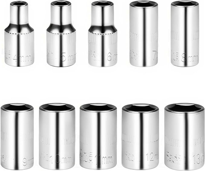 Utoolmart 1/4" Drive Socket Set, Metric Socket 10pcs Sets, 6-Point Shallow Socket Set, 4mm, 5mm, 6mm, 7mm, 8mm, 9mm, 10mm, 11mm, 12mm, 13mm, Cr-V