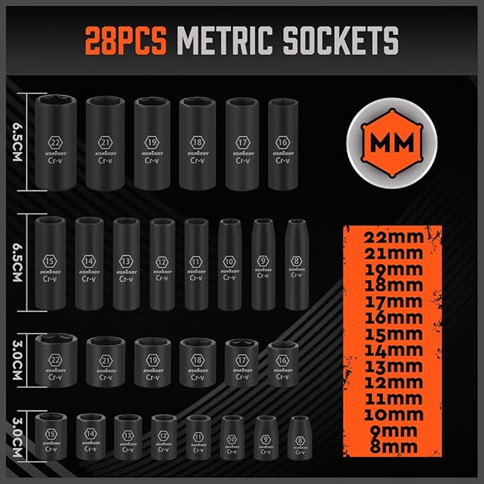 HORUSDY 50-Piece 3/8" Drive Impact Socket Set, Standard SAE (5/16 to 3/4 inch) and Metric (8-22mm) Size, 6 Point, Cr-V, 3/8-Inch Drive Ratchet Wrench, Drive Extension Bar, Impact Universal Joint