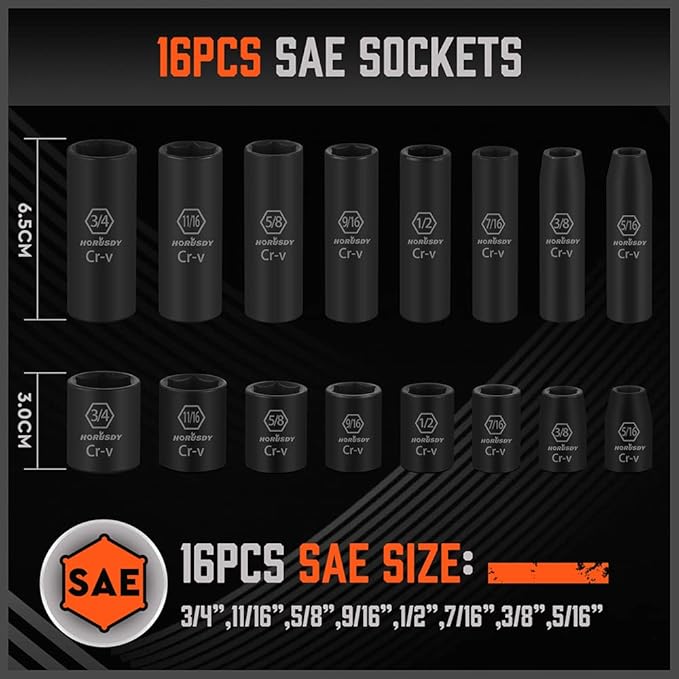 HORUSDY 50-Piece 3/8" Drive Impact Socket Set, Standard SAE (5/16 to 3/4 inch) and Metric (8-22mm) Size, 6 Point, Cr-V, 3/8-Inch Drive Ratchet Wrench, Drive Extension Bar, Impact Universal Joint