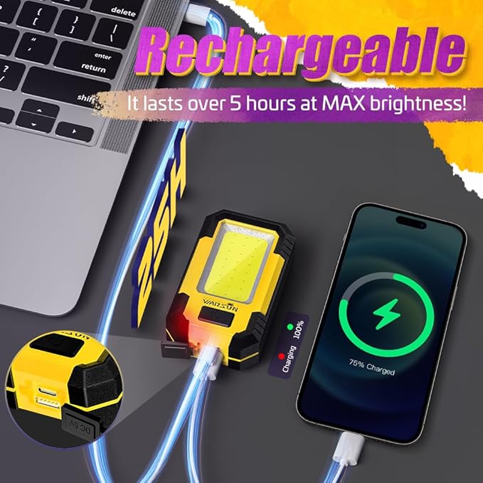 WARSUN 2 PC Portable LED Rechargeable Work Light,Magnetic Base & Hanging Hook, 30W 1200Lumens Super Bright, 5000K, for Car Repairing,Camping,Hiking,Backpacking,Fishing,Hurricane, Yellow