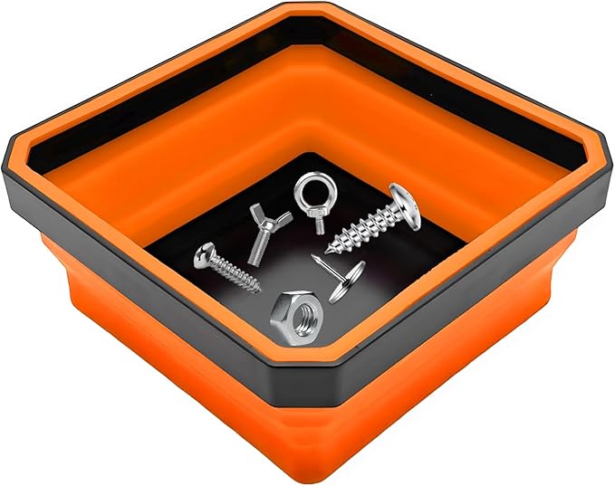 Collapsible Magnetic Parts Tray, 4.5" Square Silicone Metal Parts Organizer Double-Sided Magnet Bowl, Foldable Magnetic Tool Trays for Screws Bolts Nuts Washers Pins (Orange)
